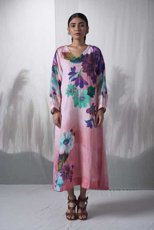 Pink floral printed, Pine hand woven linen V-neck A-line Linen sustainable dress.