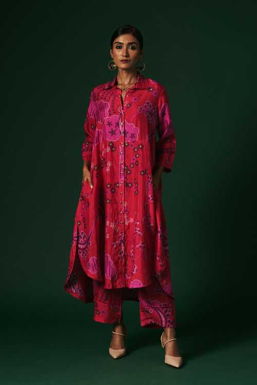 Deep pink Dahlia hand printed, hand woven mulberry silk cord set kurta