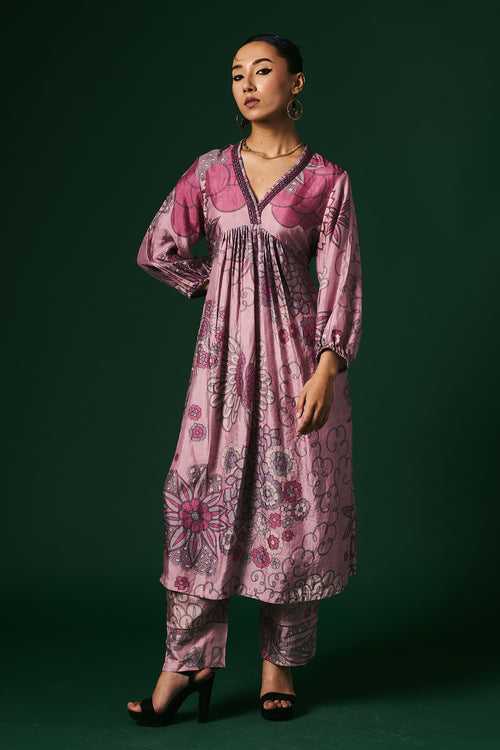 Onion pink Crocus hand printed, hand woven mulberry silk cord set kurta