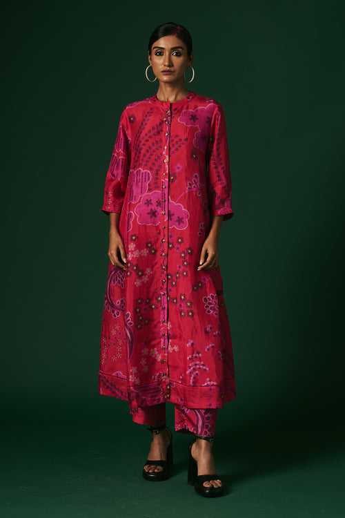 Deep pink Petunia hand printed, hand woven mulberry silk cord set kurta