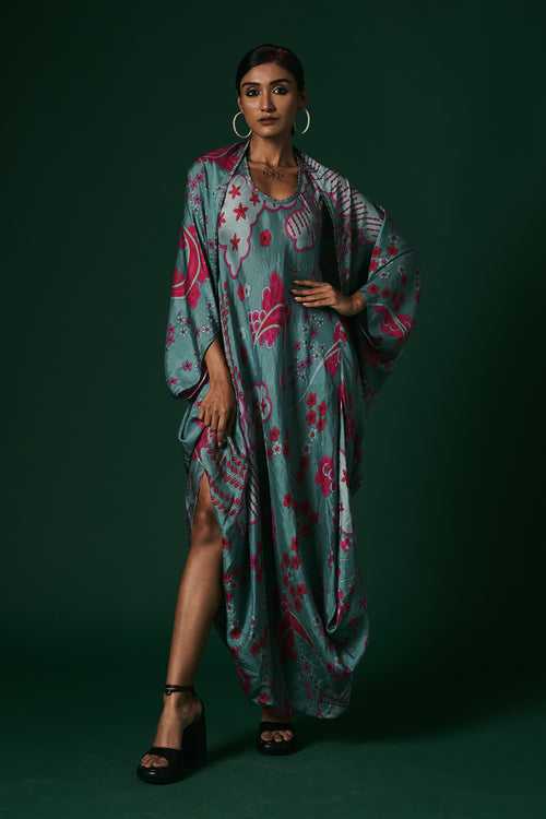 Aqua Viola hand printed, hand woven mulberry silk draped dress paired with cape
