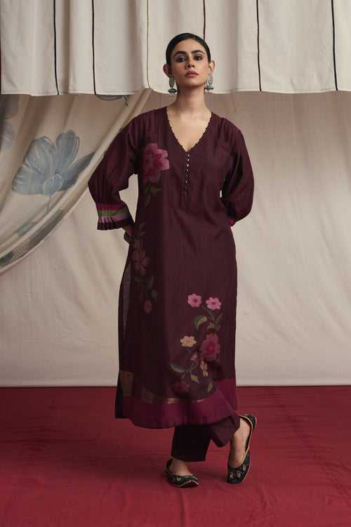 Burgandy hand woven silk and khadi cotton jamdani Ajuni kurta set.