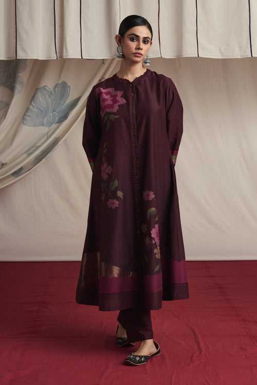 Burgandy hand woven silk and khadi cotton jamdani Maira kurta set.