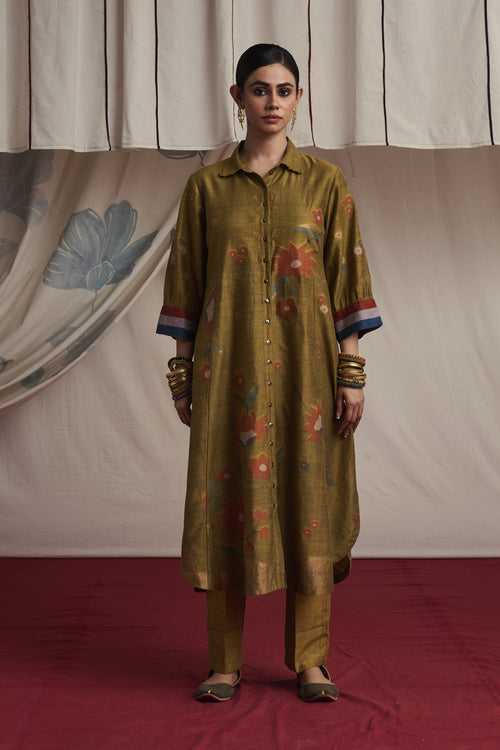 Mustard hand woven silk and khadi cotton jamdani Inaya kurta set