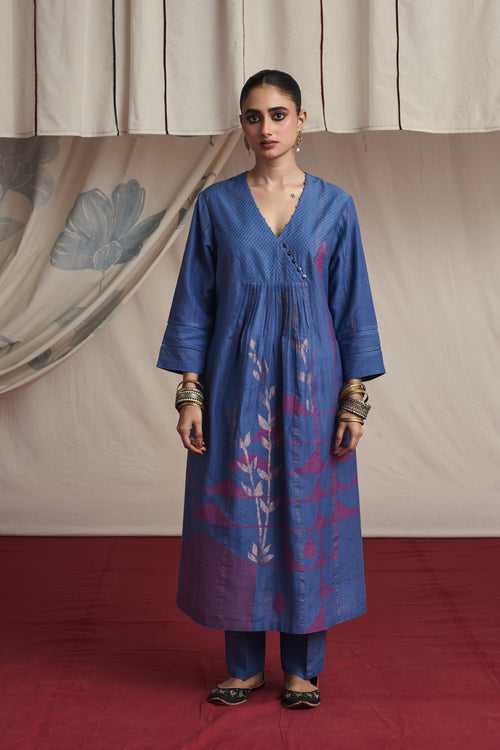 Mauvish blue hand woven silk and khadi cotton jamdani Ryssa kurta set.