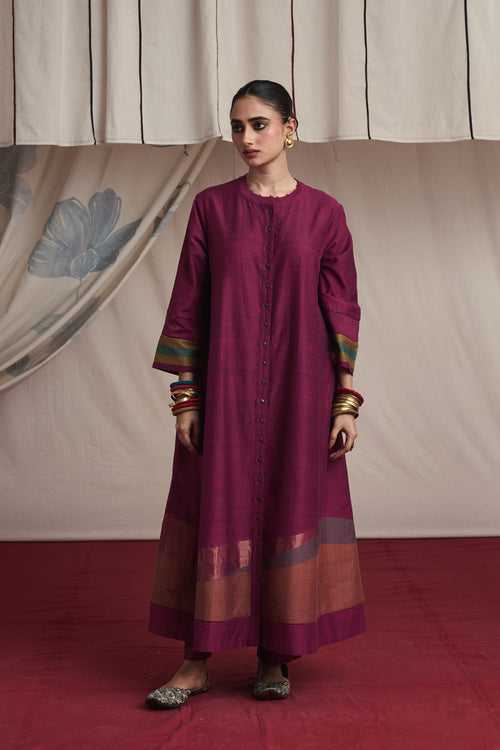 Magenta hand woven silk and khadi cotton jamdani Alaya kurta set.