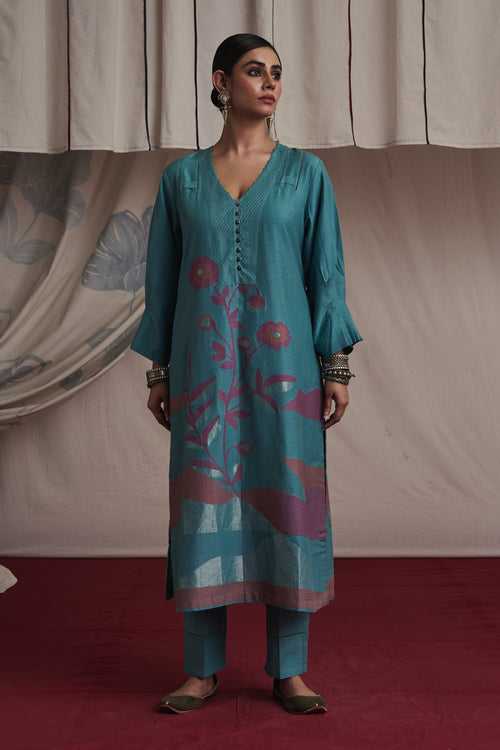 Ice blue hand woven silk and khadi cotton jamdani Aiza kurta set