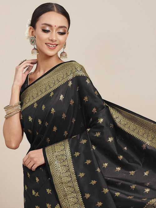 Golden Zari Woven Mysore Silk Handloom Saree with Floral motifs