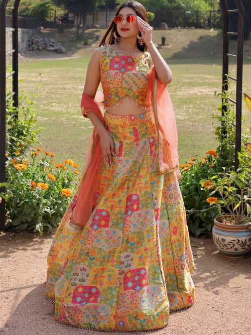 Chhabra 555 Floral Digital Print Crystal Embellished Crop top Lehenga Set with Contrast dupatta