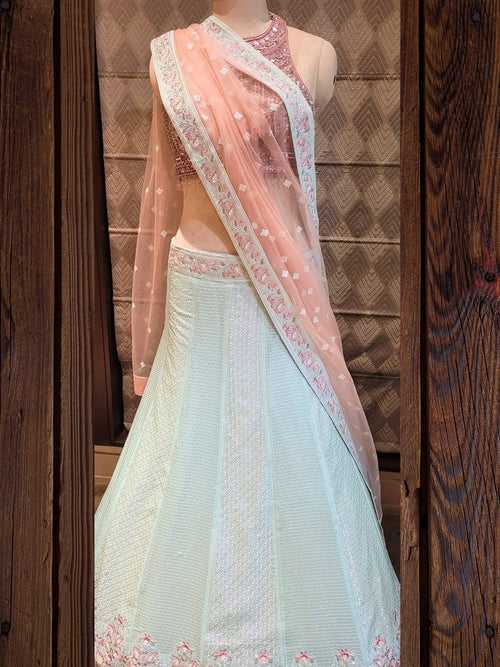 Mint Green Floral Embroidered Lehenga