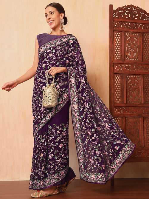 Purple Parsi Resham Embroidery Saree with Intricate Floral Motifs