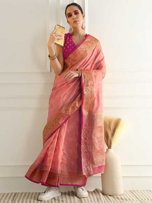 Floral Banarasi Silk Saree with Zari woven Temple Contrast Border