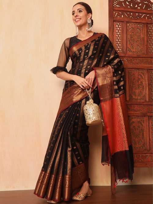 Black Banarasi Chanderi Saree with Striped Oxidised Zari Weaving