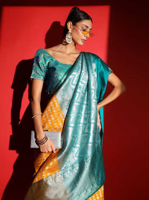 Yellow Banarasi Silk Saree with Silver Zari Motifs & Contrast Border