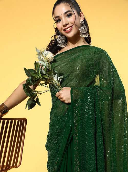 Deep Green Sequence Embroidery Leheriya Georgette Saree