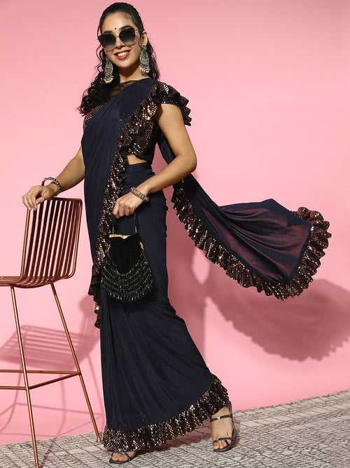 Draped Navy Blue Saree with Metallic Bling Net Ruffled Border