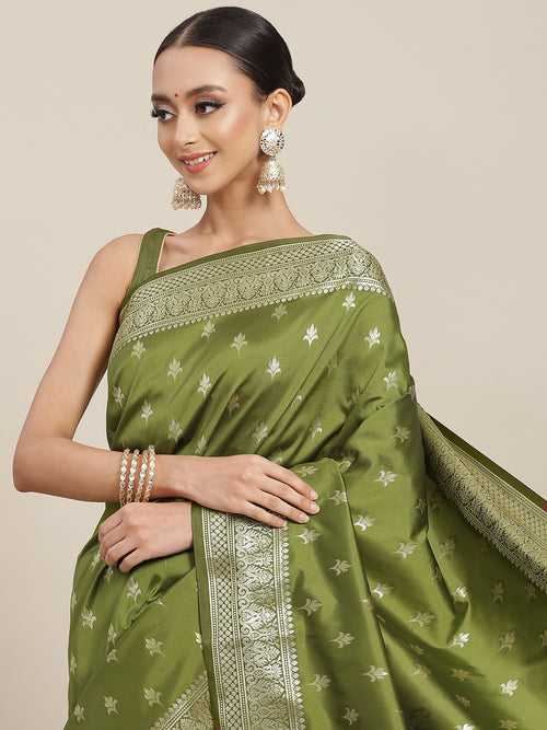 Golden Zari Woven Mysore Silk Bridal Handloom Saree with Floral motifs