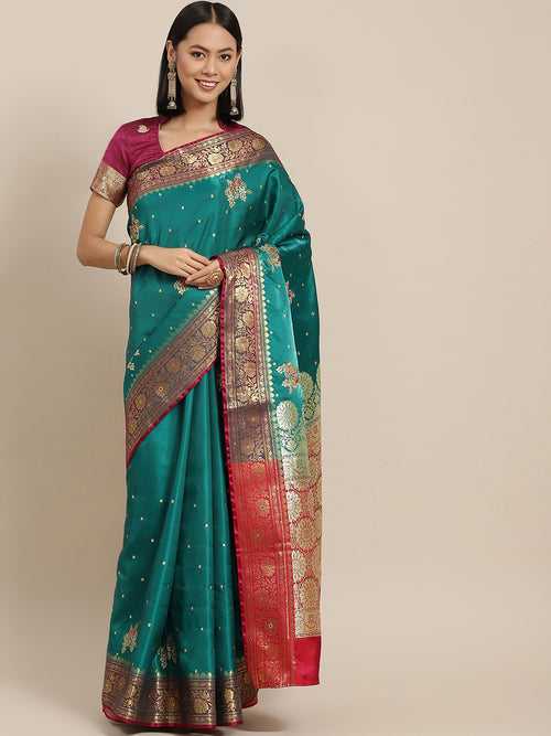 Teal Kanjeevaram Zari & Resham Embroidered Saree