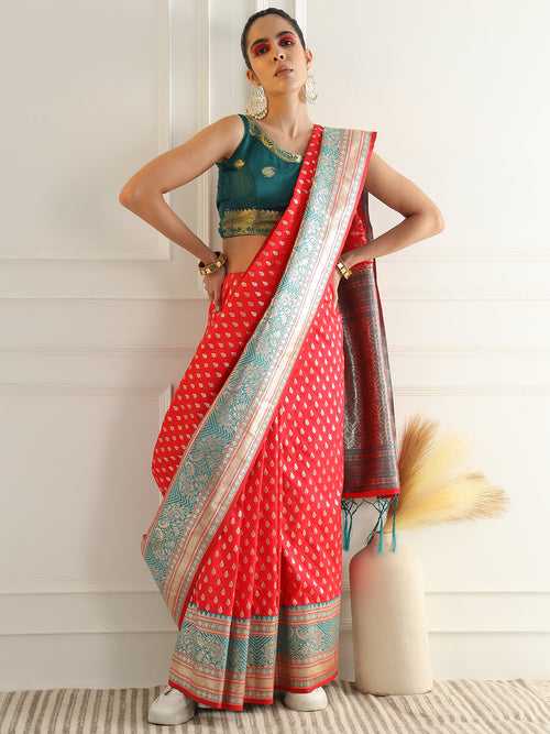 Red Zari Woven Banarasi Saree with Contrast Peacock Motif Border