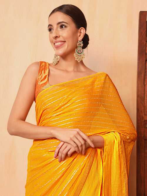 Haldi Yellow Lurex Zari Striped Lightweight Girlish Leheriya Saree