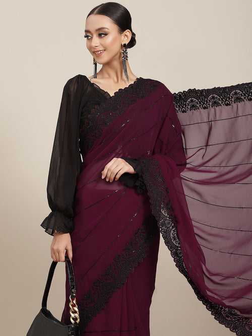 Burgundy Georgette Saree With Black Resham Embroidery Border & Belt