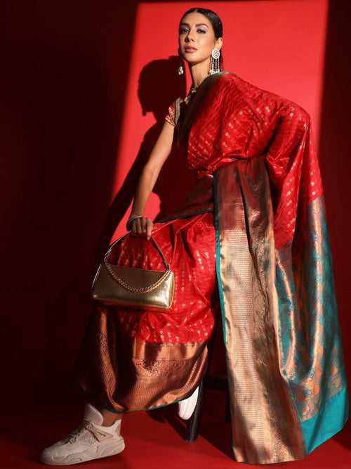 Red Banarasi Silk Saree with Copper Weaving & Contrast Border