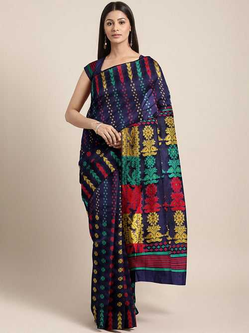 Navy Blue Abstract Multi Colored Resham Woven Embroidered Silk Saree