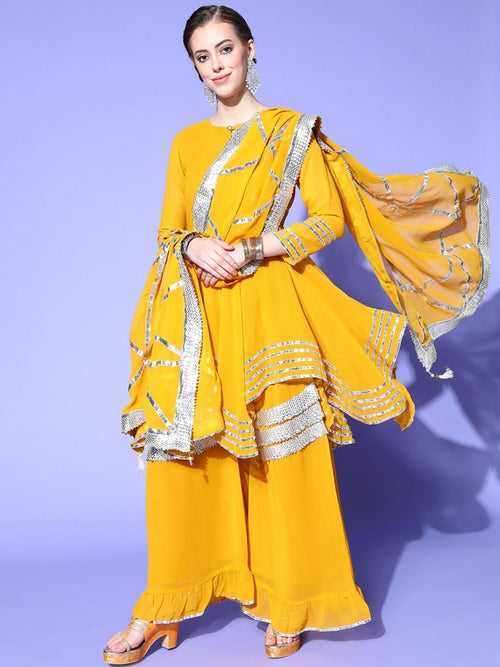 Gota Patti Embellished Kurta Sharara Set with High-Low Hemline