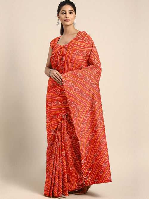 Red Jaipuri Tie & Dye Bandhej Printed Traditional Chiffon Saree