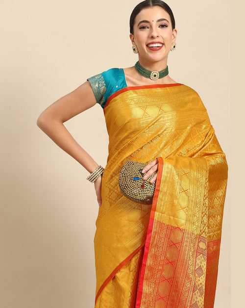Mustard Brocade Banarasi Zari Embellished Silk Saree
