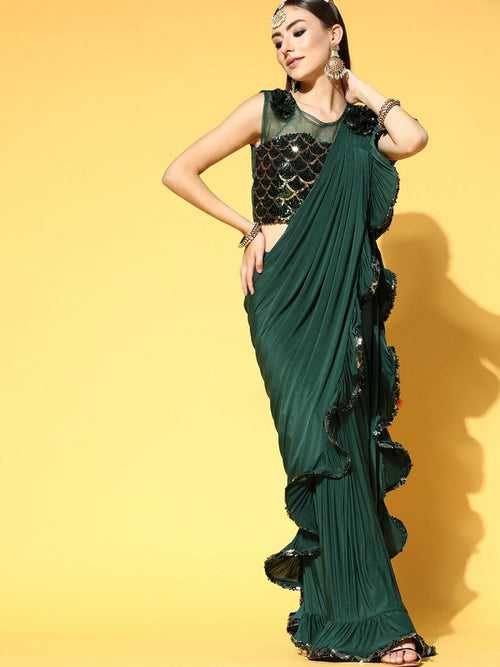 Bottle Green Pre-Draped Ruffled Saree with Sequin Embroidery