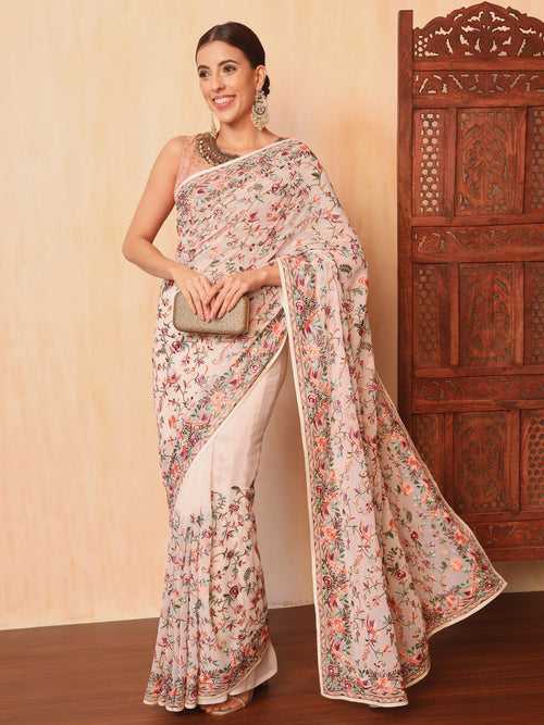 Cream Parsi Resham Embroidery Saree with Intricate Floral Motifs