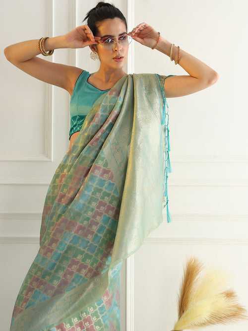 Banarasi Chanderi Saree with Multi Color Ombre style Resham Motifs