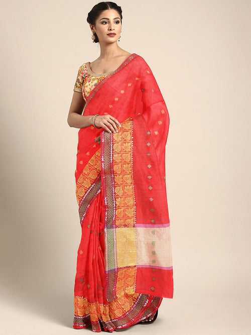 Red Traditional Chanderi saree with Resham Meenkari & Zari Weaving