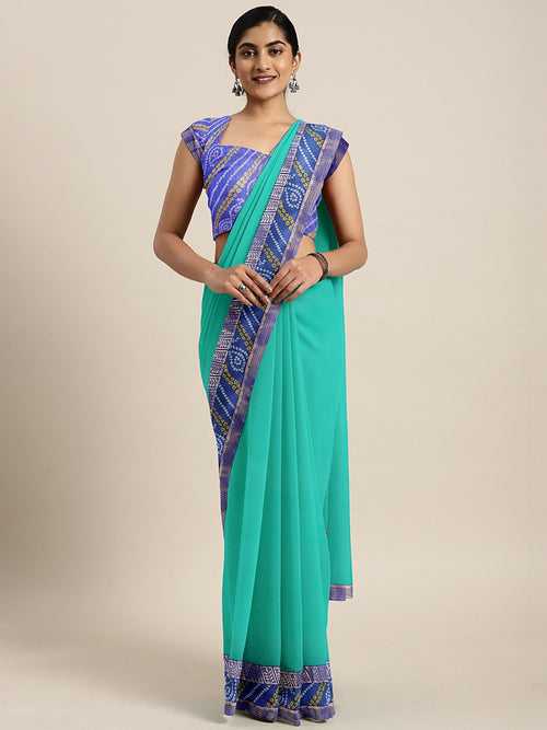 Georgette Saree With BandhejContrast Border & Jaipuri Bandhej Blouse