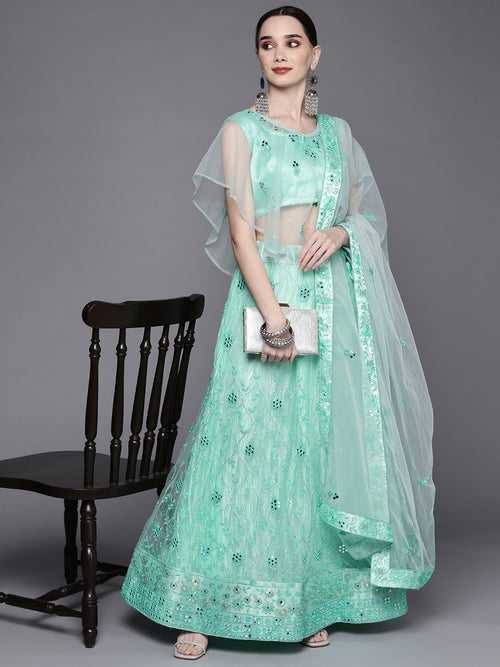 Turquoise Resham & Mirror Embellished Pleated Net Lehenga Choli Set