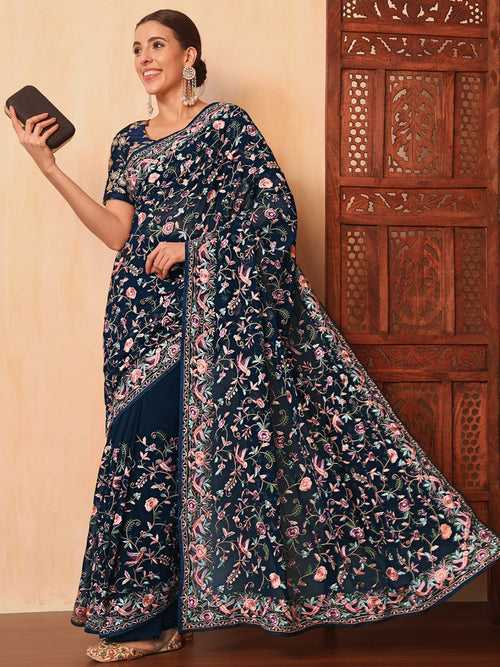 Navy Blue Parsi Resham Embroidery Saree with Intricate Floral Motifs