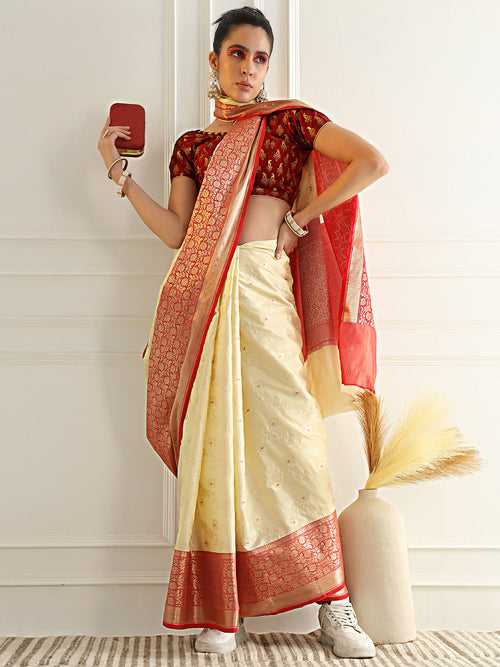 Colorblocked Banarasi Silk Saree with Meenakari Zari Floral Motifs