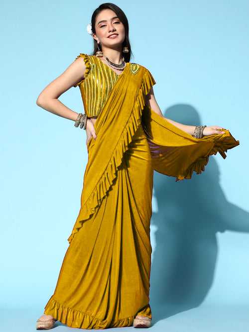 Yellow Net Striped Applique Embroidered Embellished Ruffled Saree