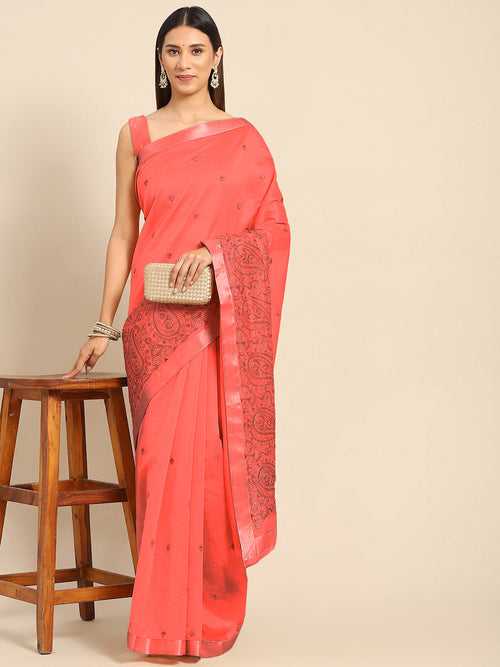 Coral Pink Paisley Resham Thread Embroidery Cotton Tussar Saree