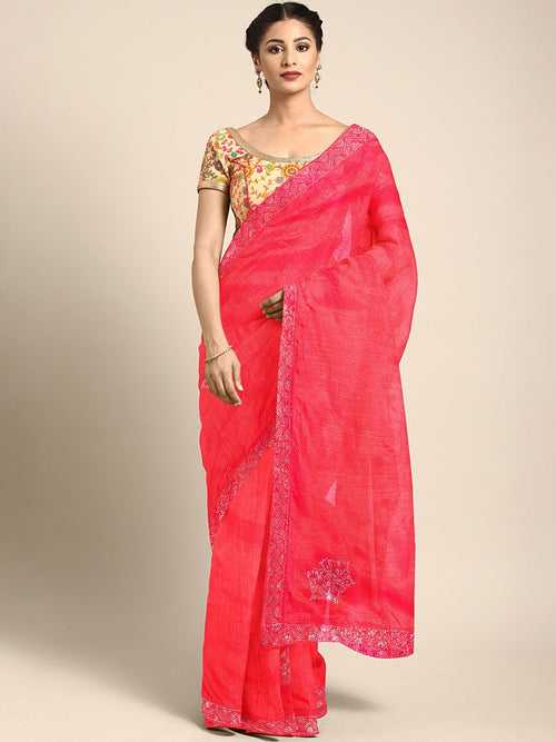 Coral Chanderi Silk Saree with Mirror & Crystal Embellishments