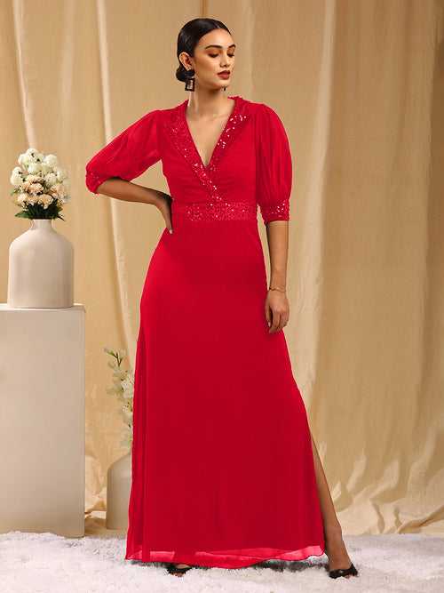 Red Embellished Slit Long Dress with 3/4 Sleeves