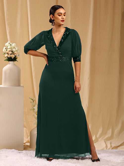 Green Embellished Slit Long Dress with 3/4 Sleeves