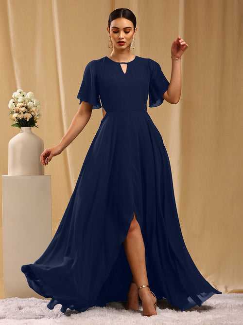 Navy Blue High Low Maxi Dress with Slit Waist