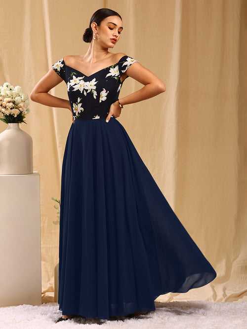 Navy Floral Print Off Shoulder Flared Dress