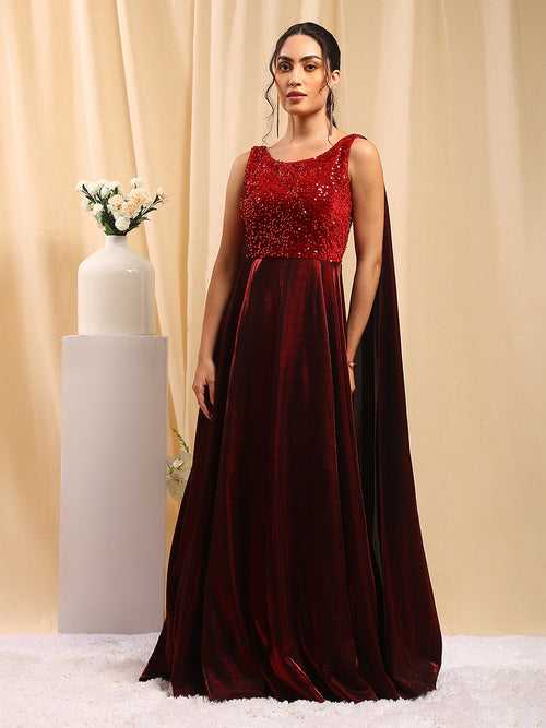 Maroon Velvet Embellished Ball Gown with Drape Sleeves