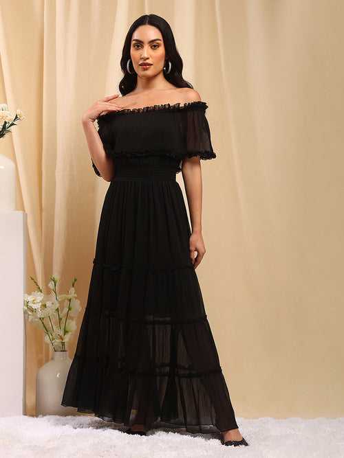 Black Chiffon Off Shoulder Midi Dress