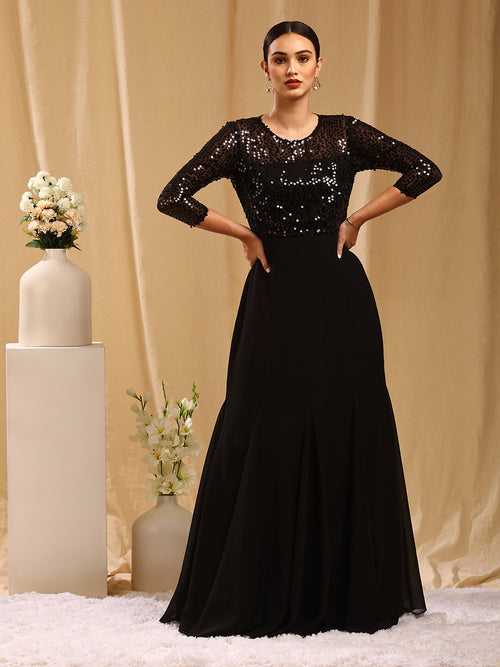 Black Embellished Gown with 3/4 Sleeves