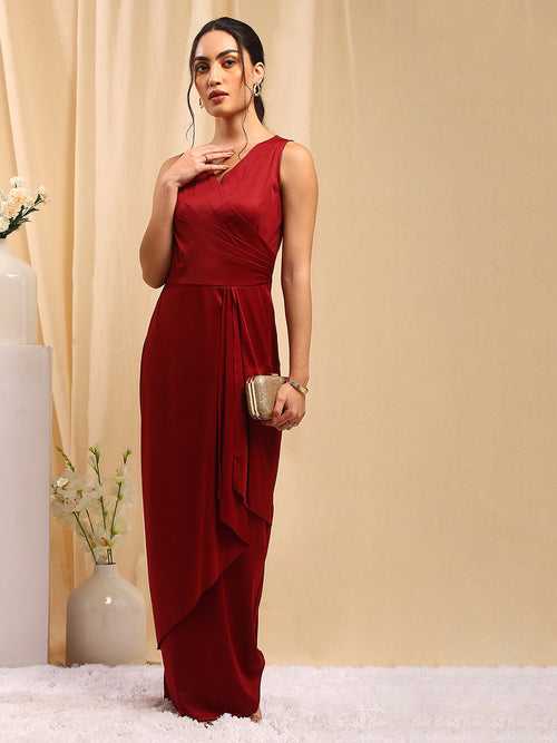 Maroon Sleeveless Wrap Maxi Dress