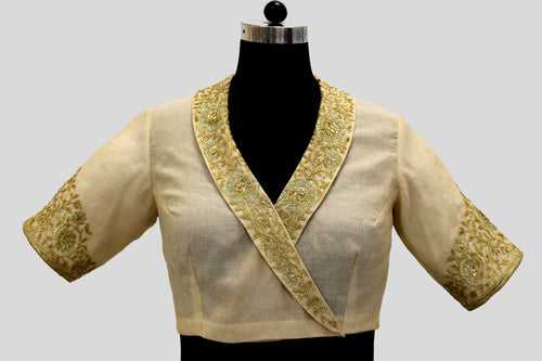 Tissues Chanderi Shawal Collar with Big Mughal Jaal Broder Off White Blouse